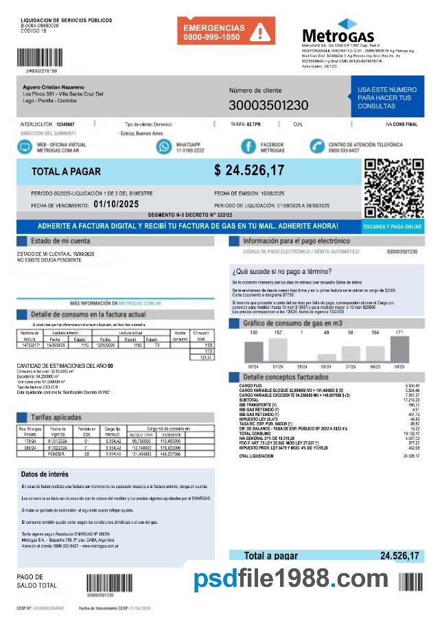 Argentina MetroGAS S.A. Factura de Gas Utility Bill